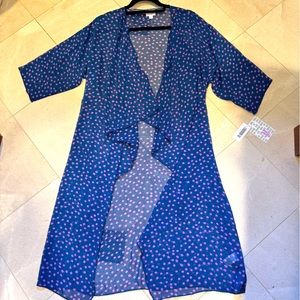 Brand New LuLaRoe Size M Dark Blue with Purple Polka Dot Print Shirley Kimono